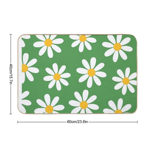 White Daisies on Vintage Green Seamless Pattern Print  Pet-Safe Bath Mat