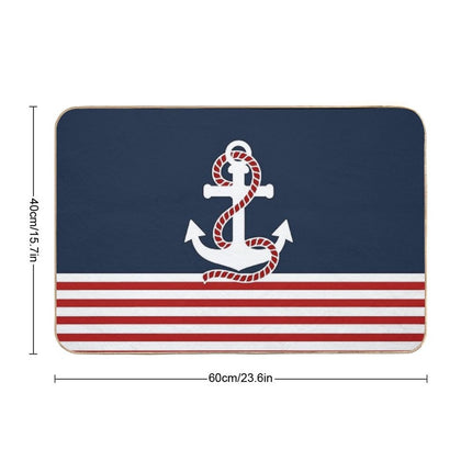 Nautical Red White Stripes And Red Anchor on Blue Background  Odorless Bath Mat