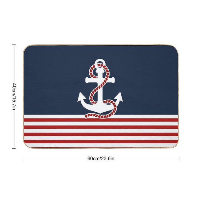 Nautical Red White Stripes And Red Anchor on Blue Background  Odorless Bath Mat