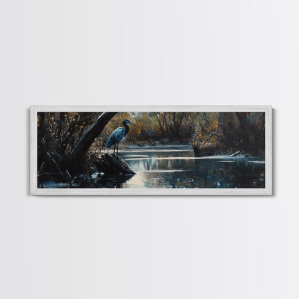 Blue Heron Wall Art, Framed Canvas Print, Nautical Home Decor, Blue Heron Painting, Panoramic Horizontal Wall Art