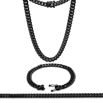Black Cuban Link Chain Necklace 30" Bracelet 8.5" Stainless Steel Set For Men