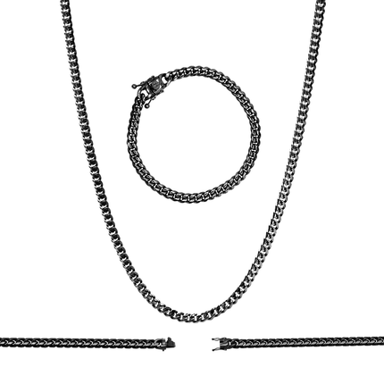 Black Cuban Link Chain Necklace 30" Bracelet 8.5" Stainless Steel Set For Men