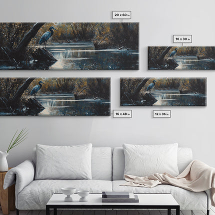 Blue Heron Wall Art, Framed Canvas Print, Nautical Home Decor, Blue Heron Painting, Panoramic Horizontal Wall Art