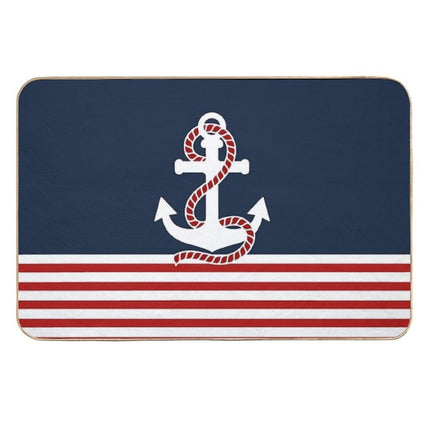 Nautical Red White Stripes And Red Anchor on Blue Background  Odorless Bath Mat