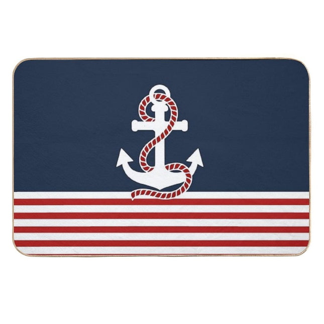 Nautical Red White Stripes And Red Anchor on Blue Background  Odorless Bath Mat