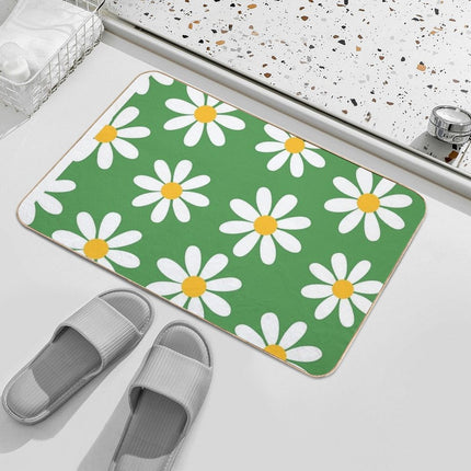 White Daisies on Vintage Green Seamless Pattern Print  Pet-Safe Bath Mat