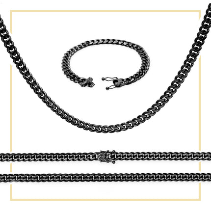 Black Cuban Link Chain Necklace 30" Bracelet 8.5" Stainless Steel Set For Men