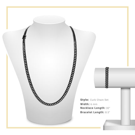 Black Cuban Link Chain Necklace 30" Bracelet 8.5" Stainless Steel Set For Men