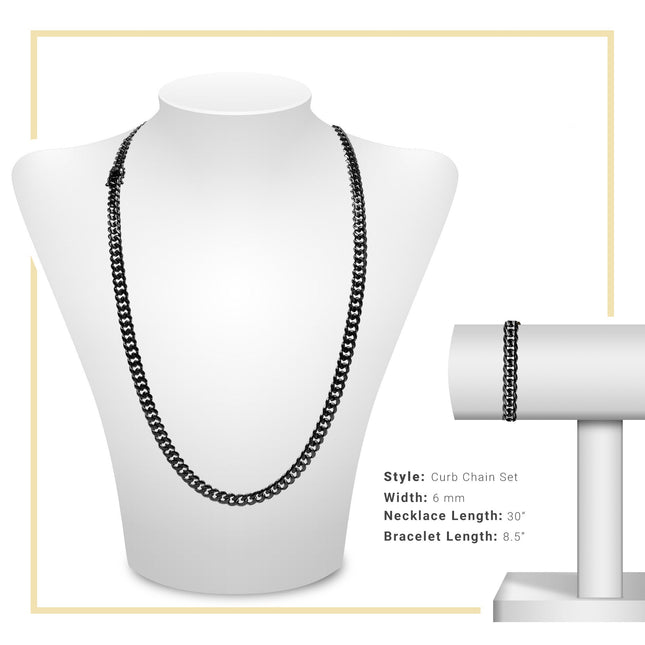 Black Cuban Link Chain Necklace 30" Bracelet 8.5" Stainless Steel Set For Men