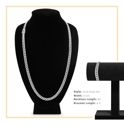 Silver Cuban Link Chain Necklace 30" Bracelet 8.5" Stainless Steel Set For Men