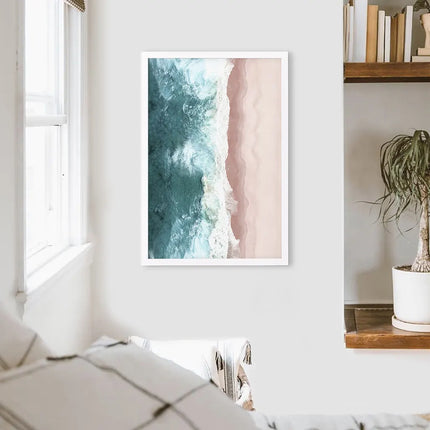 Ocean Aerial Print. Neutral Pink Beach, Blue Waves