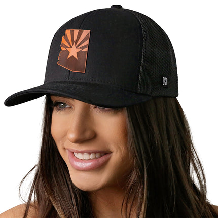 Arizona Flag Trucker Hat Leather  |  Black Arizona Flag Snapback