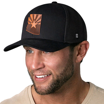 Arizona Flag Trucker Hat Leather  |  Black Arizona Flag Snapback