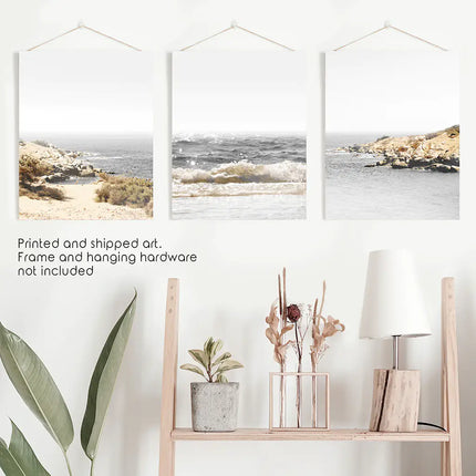 3 Piece Beige Ocean Beach Decor. Gray Waves with Rocks Wall Art