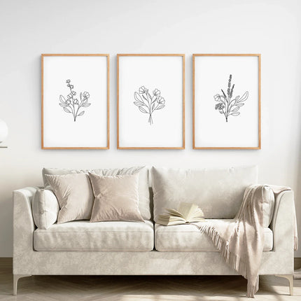 Flower Line Art Set of 3 Prints - Botanical Wall Décor