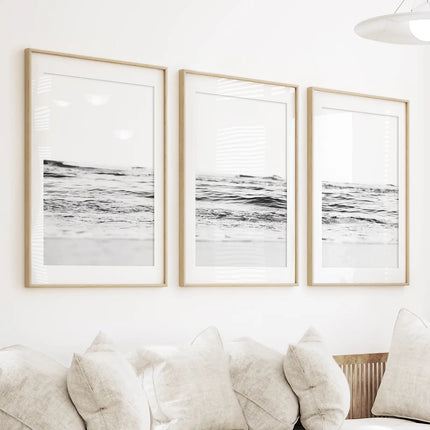 Black White Minimalist Beach Wave Wall Art. 3 Piece Decor