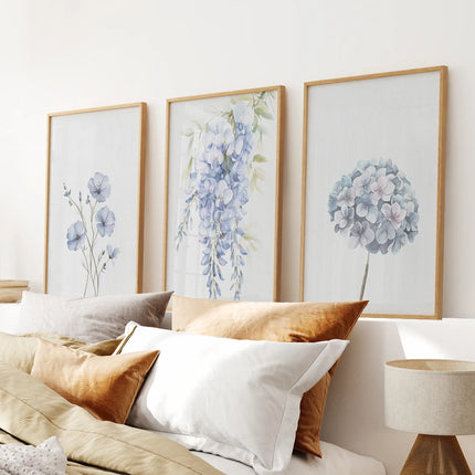 Set of 3 Blue Watercolor Minimalist Flowers Prints