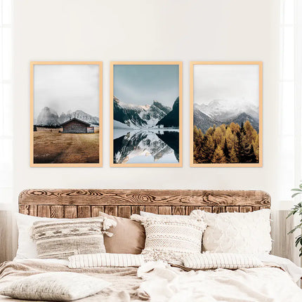3 Piece Autumn Mountain, Forest, Lake Wall Art. Nordic Photo