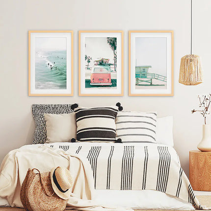 California Travel Wall Art Set. Pink Bus, Lifeguard, Surfers