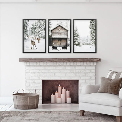 Christmas Theme Wall Art Set. Reindeer, Log Cabin, Forest