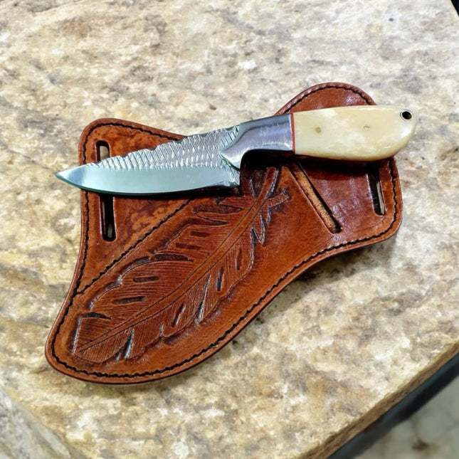 Crass Draw Ranch Cowboy Knife – Camel Bone Handle with Leather Sheath