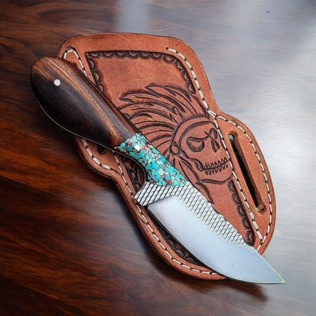 Custom Everyday Carry Knife – 9" Rasp Tool Steel Blade, Rosewood & Stone Handle, Leather Sheath