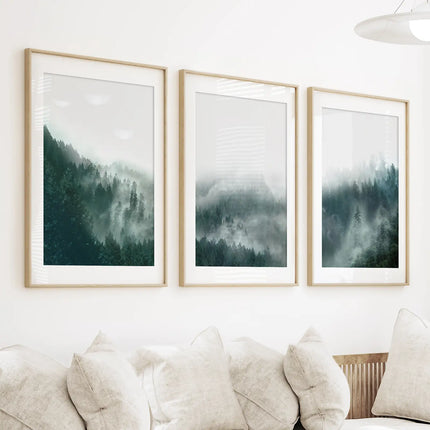 Large Foggy Forest Wall Art Set. Scandinavian Decor