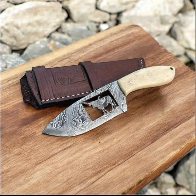 Handcrafted Cowboy Belt Knife – Damascus & Camel Bone | 7" EDC