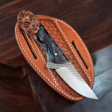 Handcrafted Cowboy Fixed Blade Knife – 9" Rasp Steel Outdoor Knife with Resin & Wood Handle + Leather Sheath