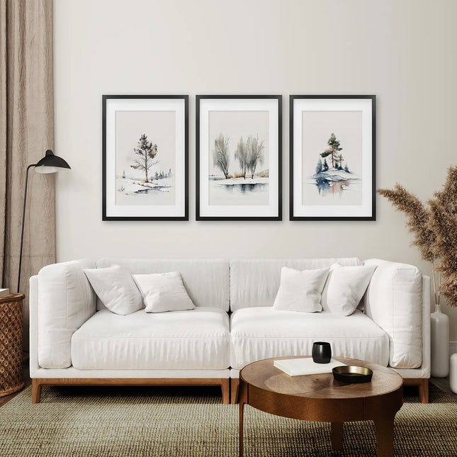 Vintage Watercolor Forest Print Set. Blue, Green, Gray