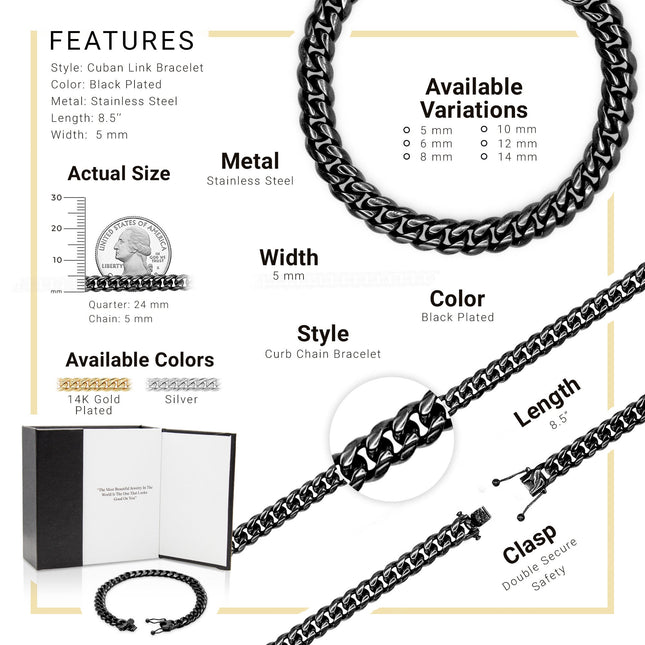 Cuban Link Chain Black Curb Bracelet 8.5" Stainless Steel Men Jewelry