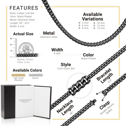 Black Cuban Link Chain Necklace 30" Bracelet 8.5" Stainless Steel Set For Men