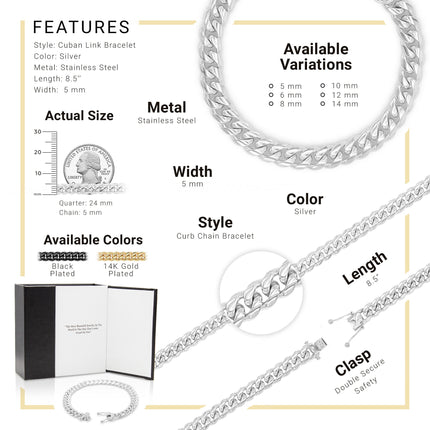 Cuban Link Chain Silver Curb Bracelet 8.5" Stainless Steel Men Jewelry