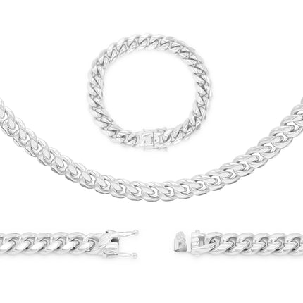 Silver Cuban Link Chain Necklace 30" Bracelet 8.5" Stainless Steel Set For Men