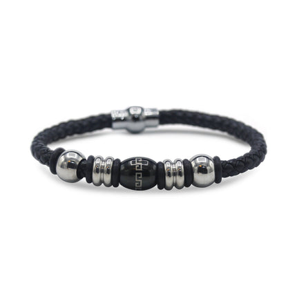 Decorative Leather Bracelet Stainless Steel Accents Magnetic Clasp (Silver/Black)