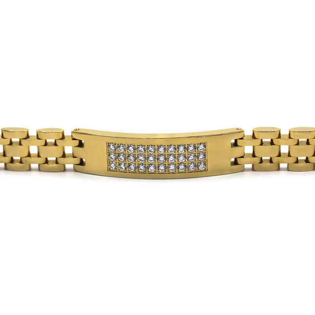 Decorative Men’s Stainless Steel Bracelet Fashion Wrist Band CZ (Gold)