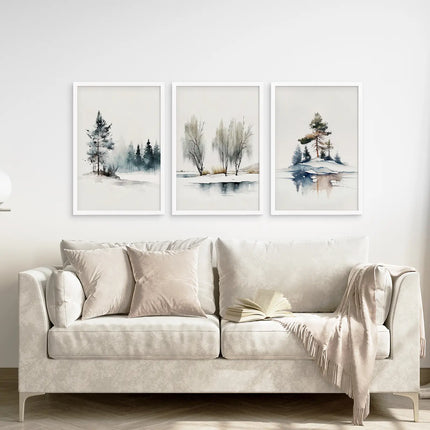 Winter Nature Set of 3 Wall Art Pine Forest Decor