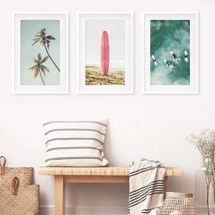 Pink Surfboard Wall Art. Pastel Beach, Waves, Tropical Palms