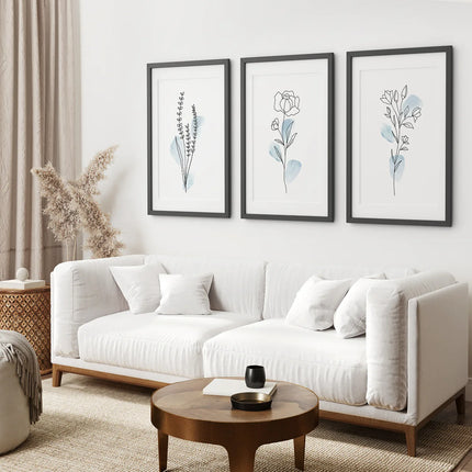 Botanical Line Art Set of 3 Pieces. Pastel Blue Flowers
