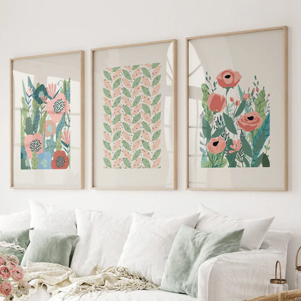 Botanical Pink Poppies Wall Art Poster Decor