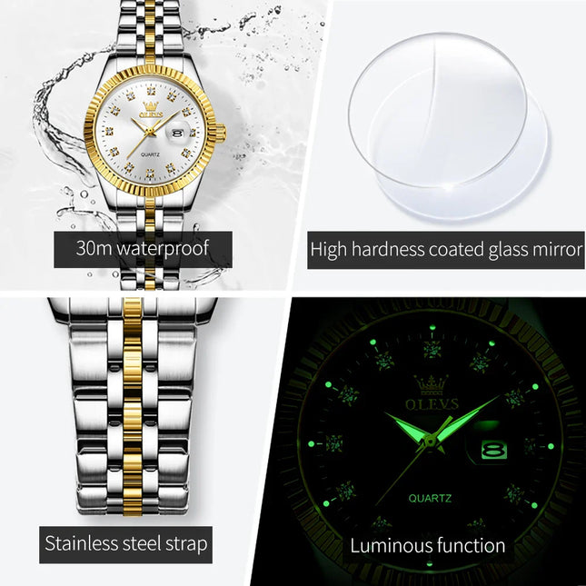 Women's Gold Stainless Steel Watch 33mm Luminous Date
