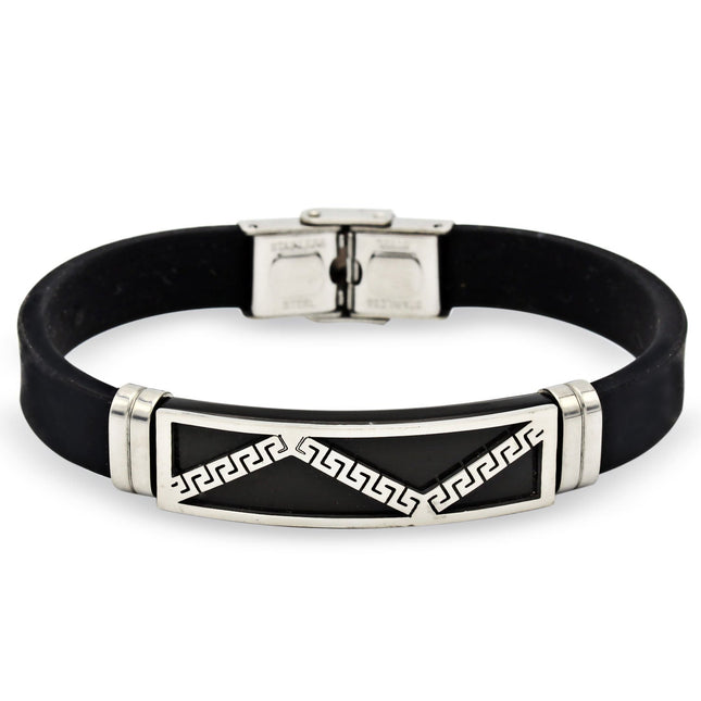 Stainless Steel Black Silver Plated Two Tone Rubber Bracelet