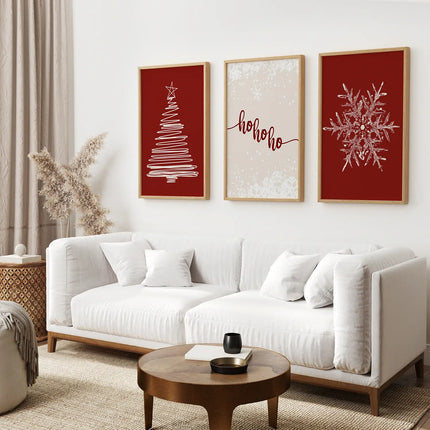 Red Christmas Set Xmas Tree Snowflake Art Poster