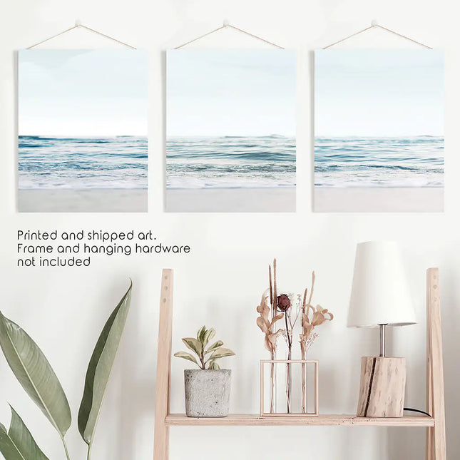 Blue Waves, Sandy Beach. Minimalist 3 Piece Wall Decor
