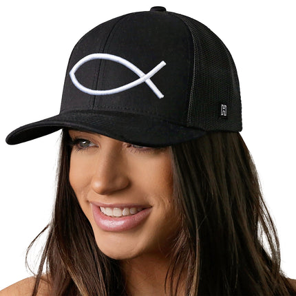 Jesus Fish Trucker Hat  |  Black bold ichthys Snapback