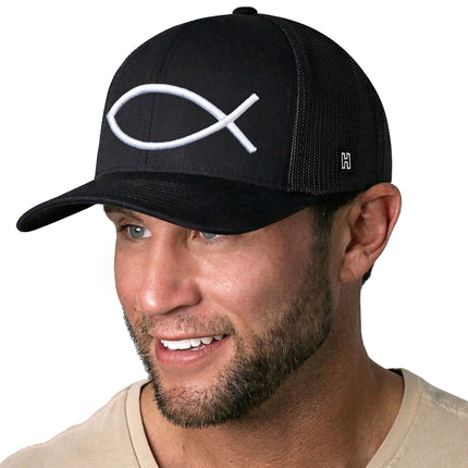 Jesus Fish Trucker Hat  |  Black bold ichthys Snapback
