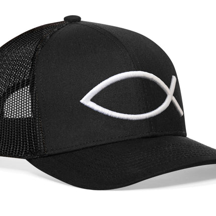 Jesus Fish Trucker Hat  |  Black bold ichthys Snapback