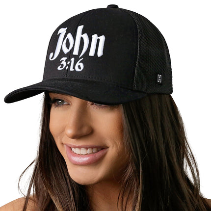 John 3:16 Trucker Hat  |  Black Christian 3D Puff Snapback