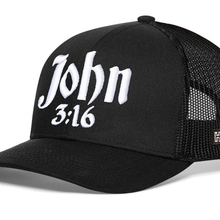 John 3:16 Trucker Hat  |  Black Christian 3D Puff Snapback
