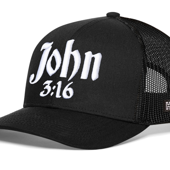 John 3:16 Trucker Hat  |  Black Christian 3D Puff Snapback